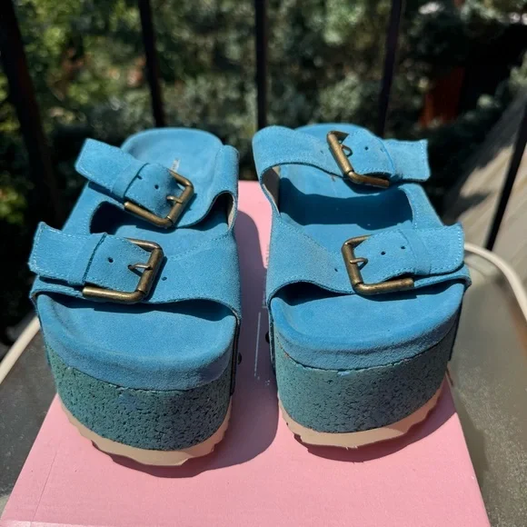 New Free People Rule Breaker Flatform Sandal Shoes Platform Suede Blue Capri 36